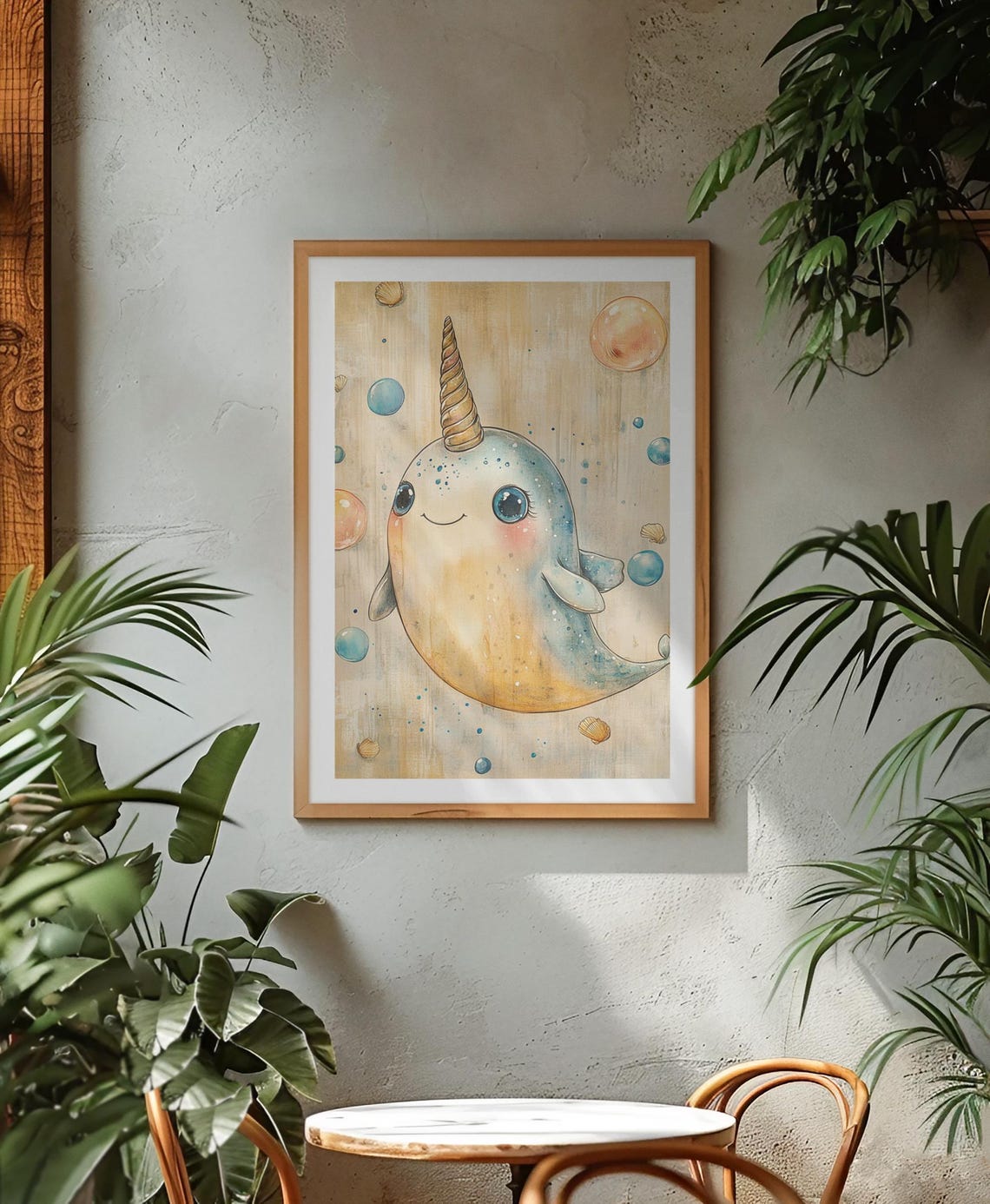 Cute Narwhal With Bubbles And Shells Ocean Nursery Room Poster
