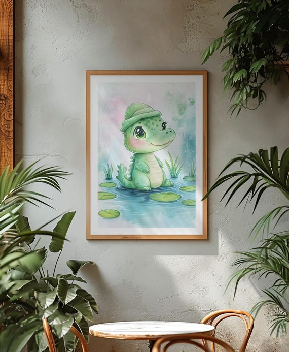 Playful Baby Crocodile Wall Art Print Serene Pond Nursery Decor Kids Room Art Charming Water Wall Art