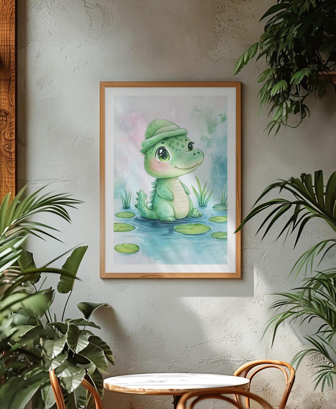 Playful Baby Crocodile In Pond Watercolor Nursery Art Poster