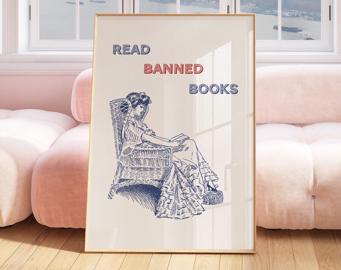 Read Banned Books Vintage Woman Reading Illustration Art Poster