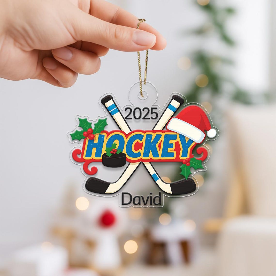Personalized 2025 Hockey Ornament Crossed Sticks Name Keepsake Print