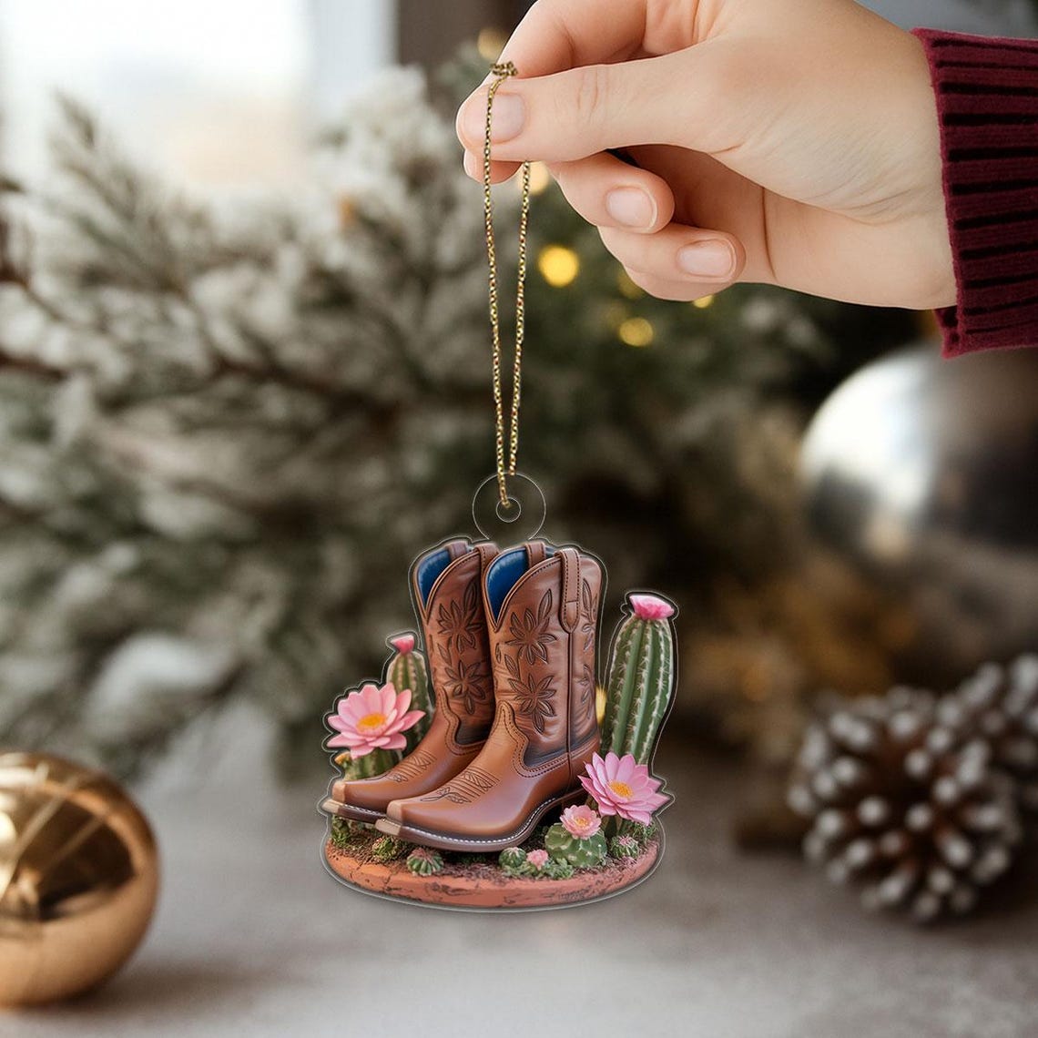 Custom Name Cowboy Boots Desert Bloom Western Christmas Ornament Print
