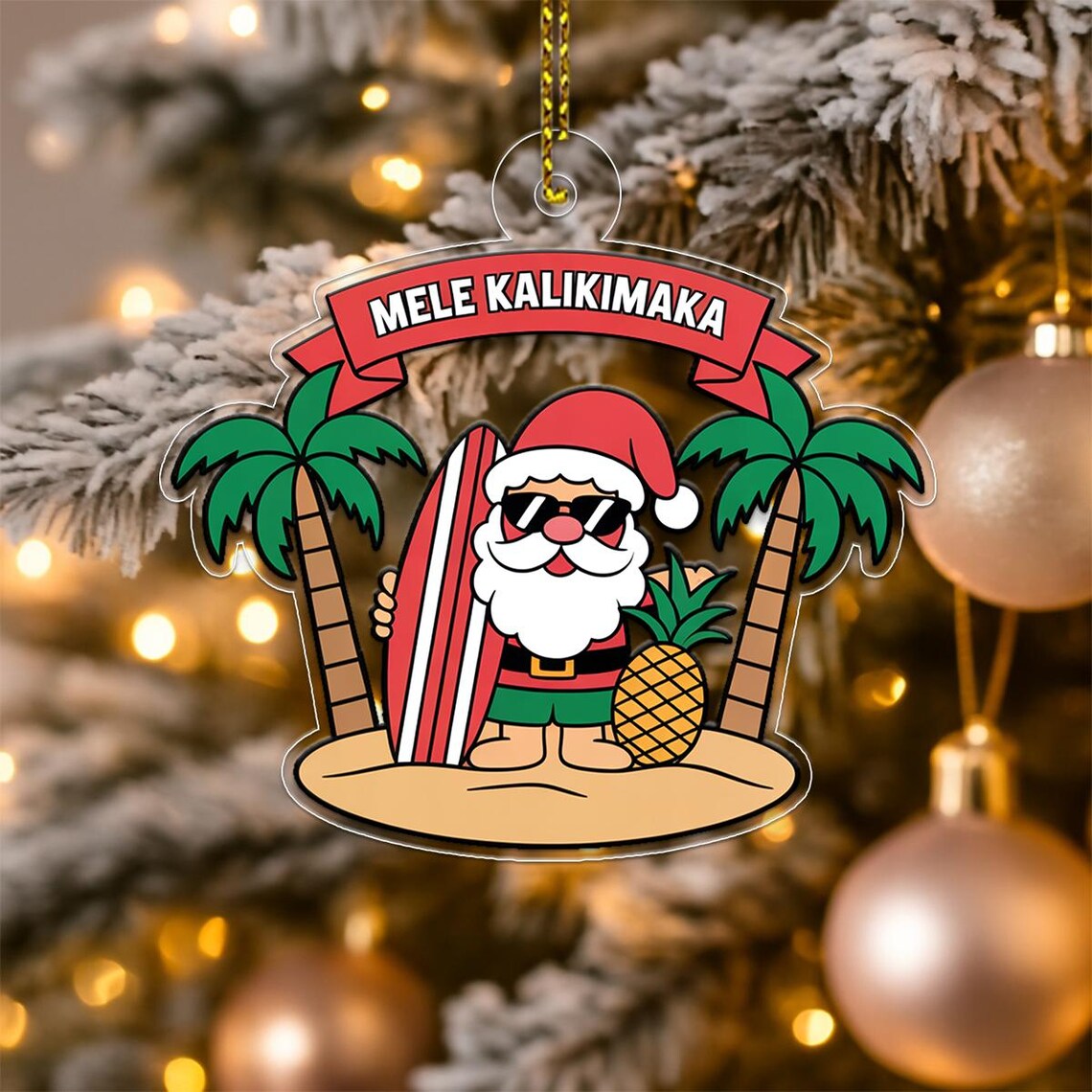 Mele Kalikimaka Santa Surf Hawaii Tropical Christmas Ornament Poster