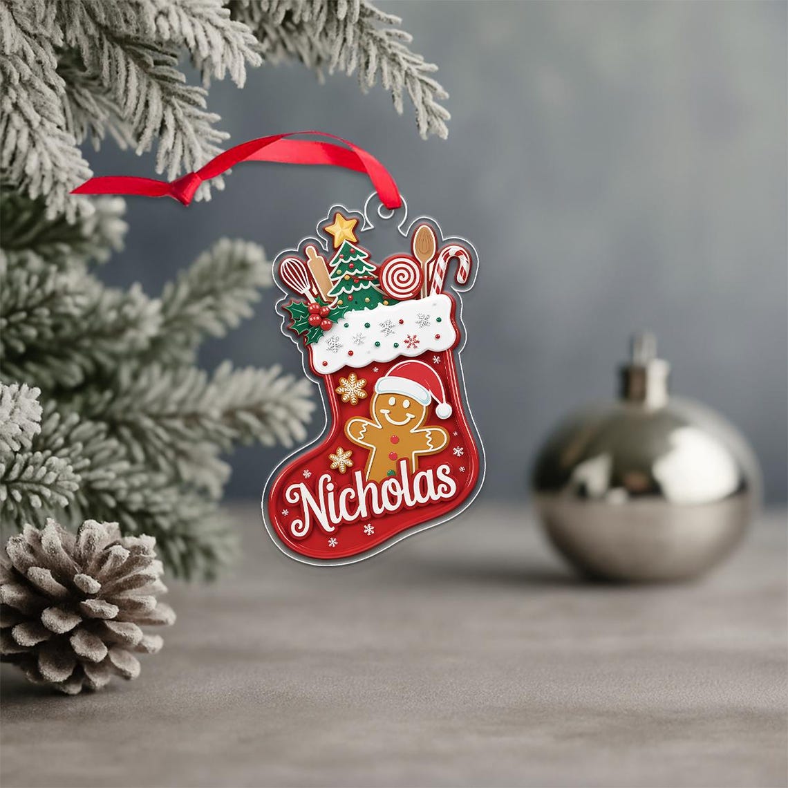 Personalized Nicholas Gingerbread Christmas Stocking Ornament Print