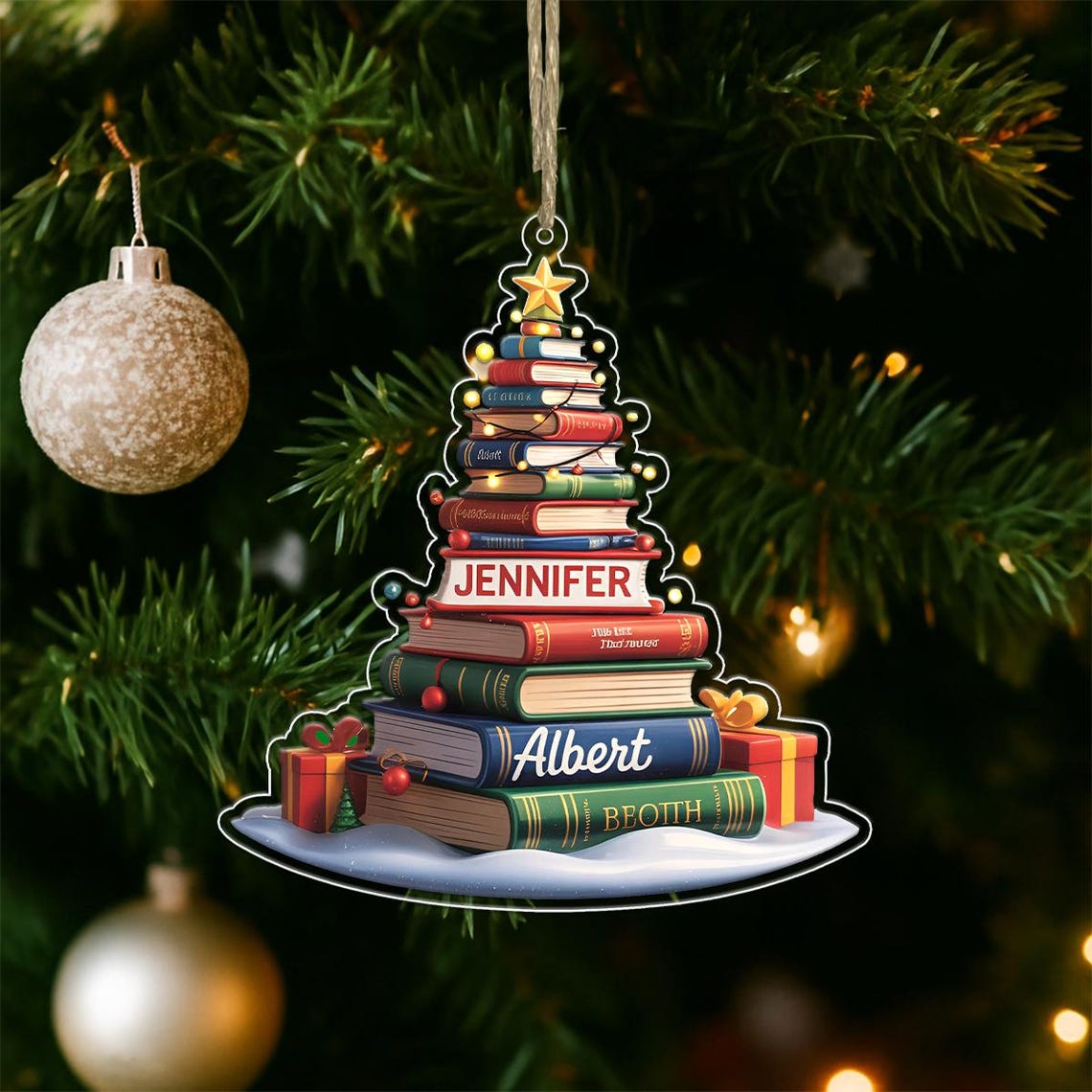 Personalized Book Tree Acrylic Christmas Ornament Readers Gift Print