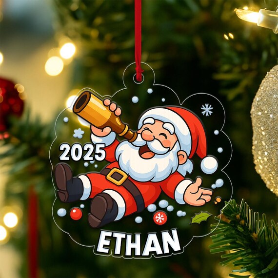 Custom Name Santa Drinking Beer 2025 Acrylic Christmas Ornament Poster