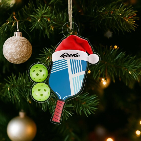 Personalized Pickleball Paddle Santa Hat Christmas Ornament Gift Art Print