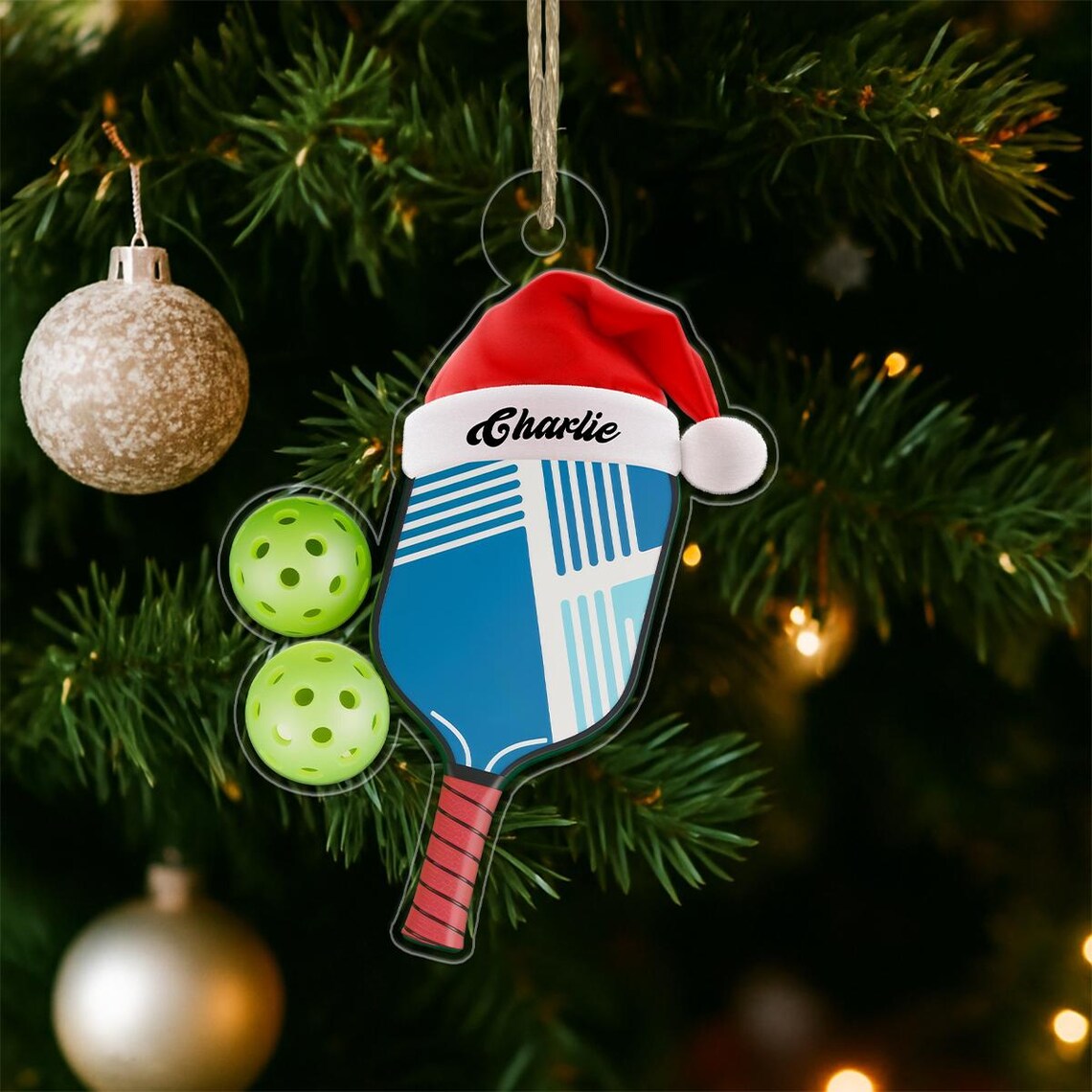 Personalized Pickleball Paddle Santa Hat Christmas Ornament Gift Art Print