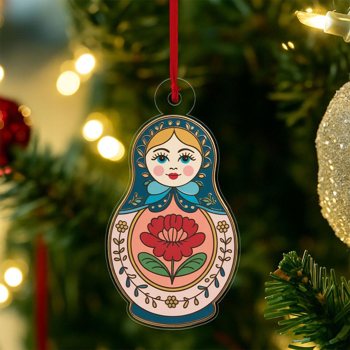Matryoshka Doll Red Flower Folk Art Christmas Ornament Holiday Poster