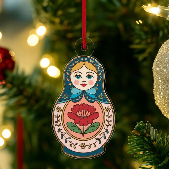 Matryoshka Doll Red Flower Folk Art Christmas Ornament Holiday Poster