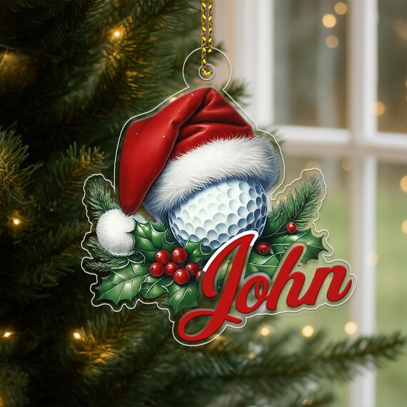 Custom Name Golf Ball Santa Hat Holly Christmas Ornament Poster