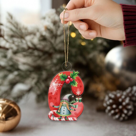 Red Letter G Sweet Gnome Girl Striped Scarf Christmas Ornament Holiday Poster