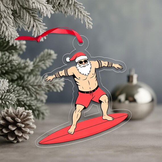 Surfing Santa Tattoo Christmas Ornament Tropical Beach Holiday Print