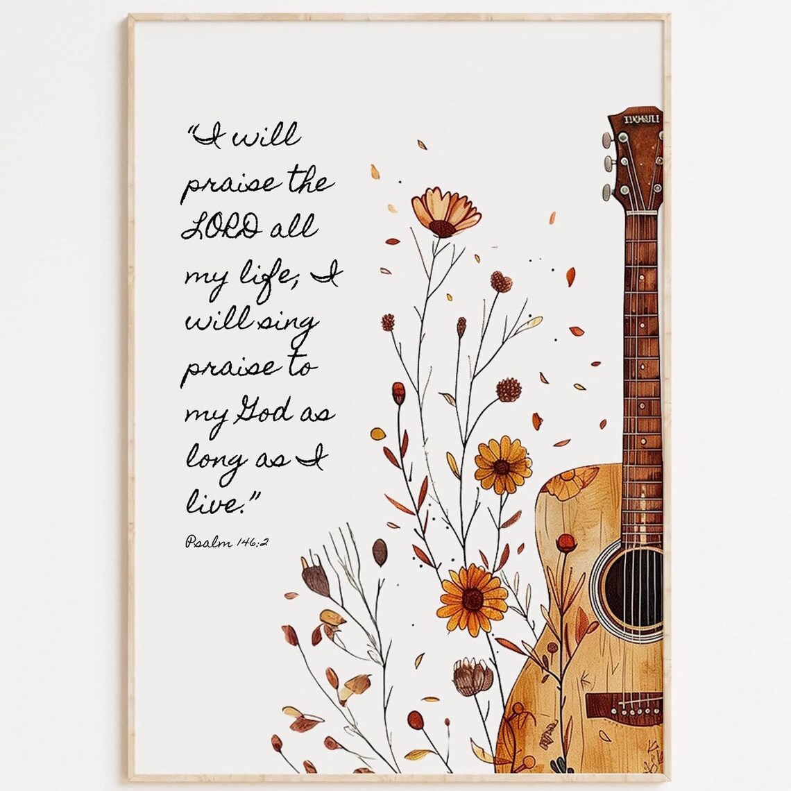 Psalm 146 Scripture Art Print Botanical Guitar Christian Decor