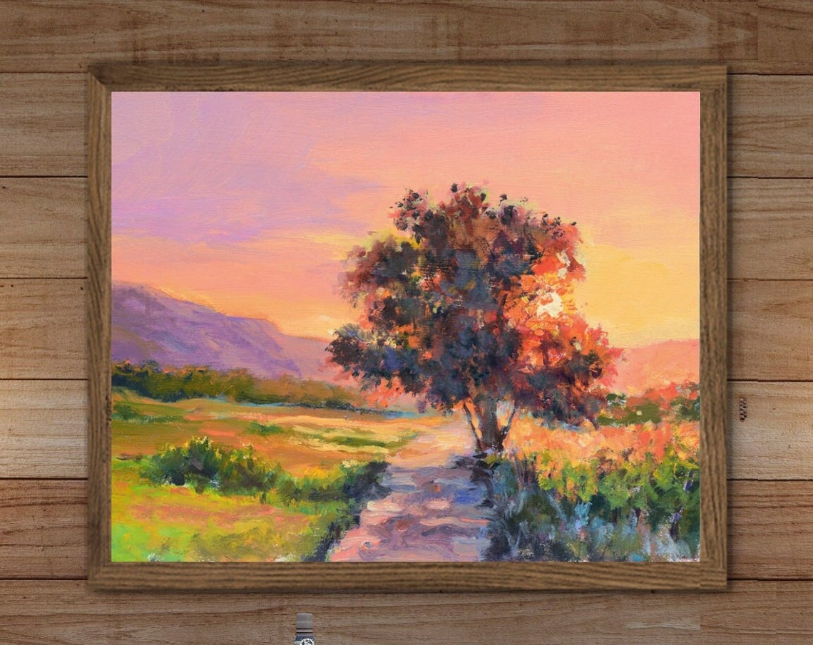 Lone Tree Sunset Pink Sky Country Path Field Oil Painting Poster - Image 6