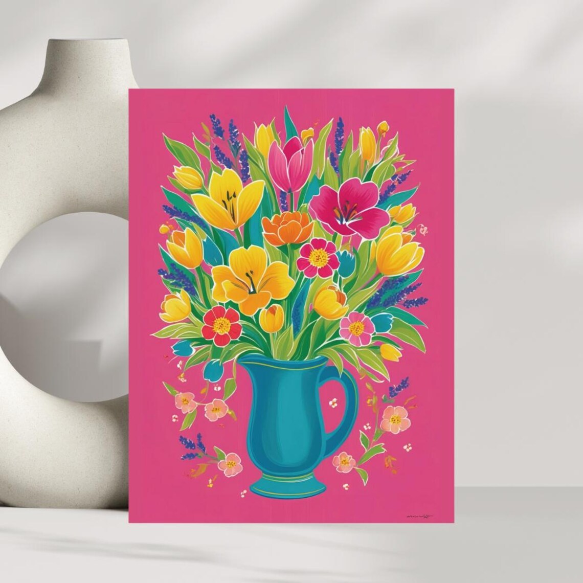 Colorful Tulip Bouquet Blue Vase Pink Floral Illustration Poster