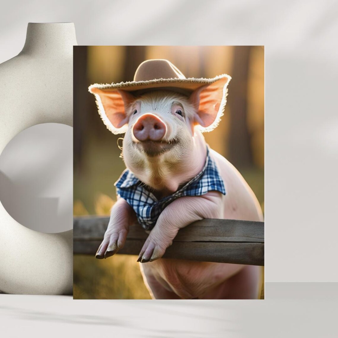 Cowboy Pig In Hat And Plaid Shirt Whimsical Farmhouse Art Print