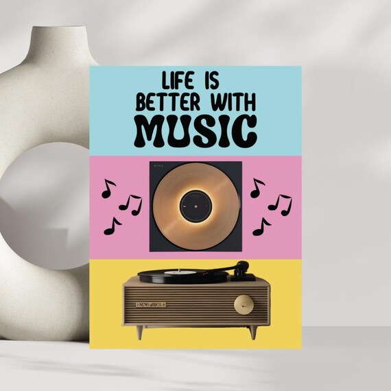 Life Is Better With Music Retro Vinyl Turntable Music Poster