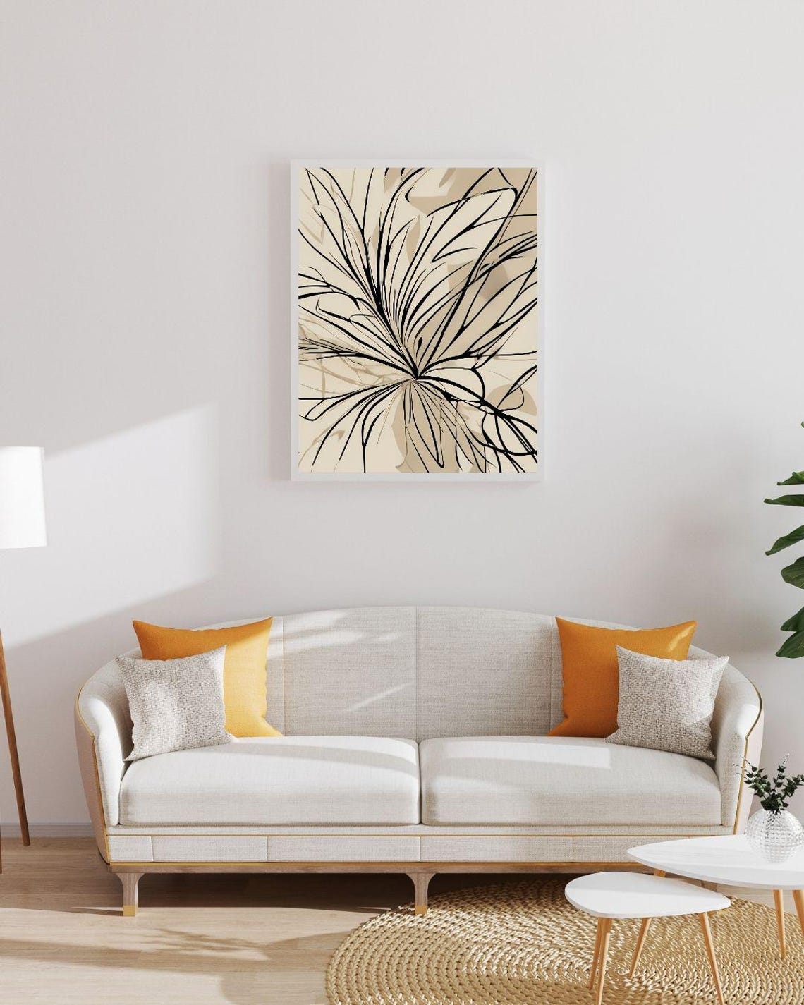 Black Line Palm Frond Abstract Beige Minimalist Modern Art Print - Image 3