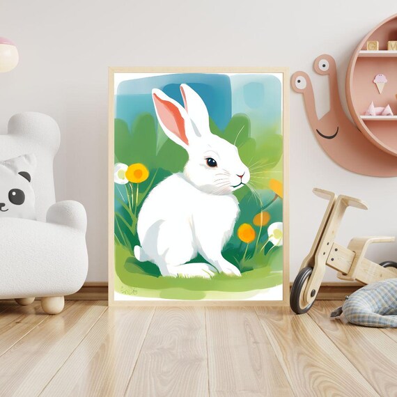 Cute White Bunny Rabbit Garden Flowers Kids Nursery Wall Art Print