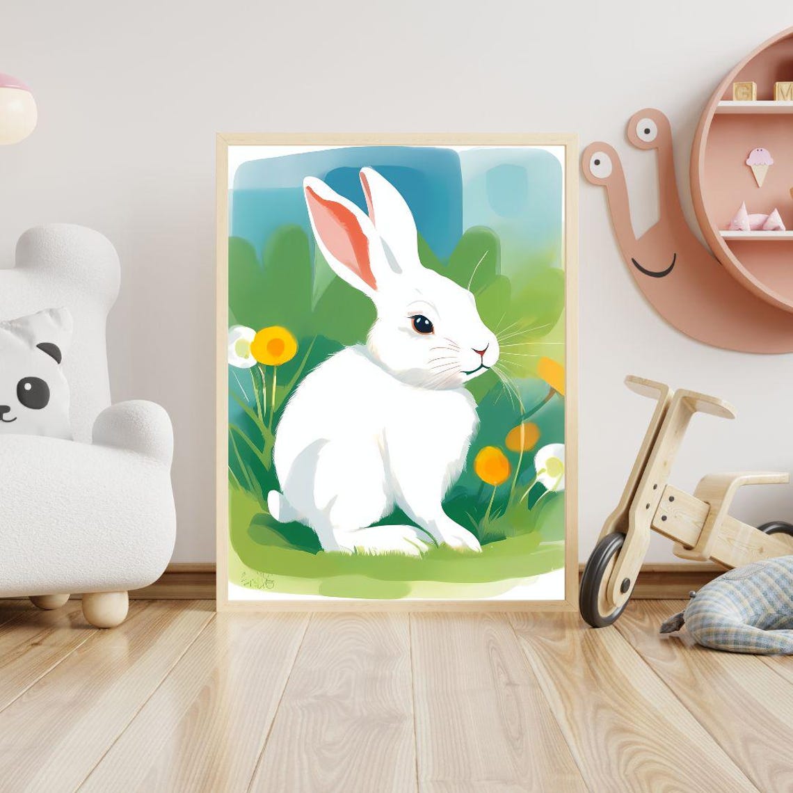 Cute White Bunny Rabbit Garden Flowers Kids Nursery Wall Art Print