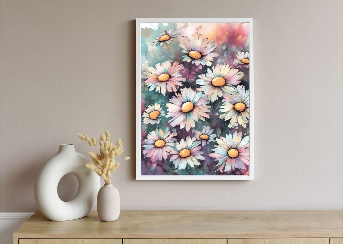 Pastel Daisy Field Watercolor Blooms Maximalist Floral Wall Art - Image 3