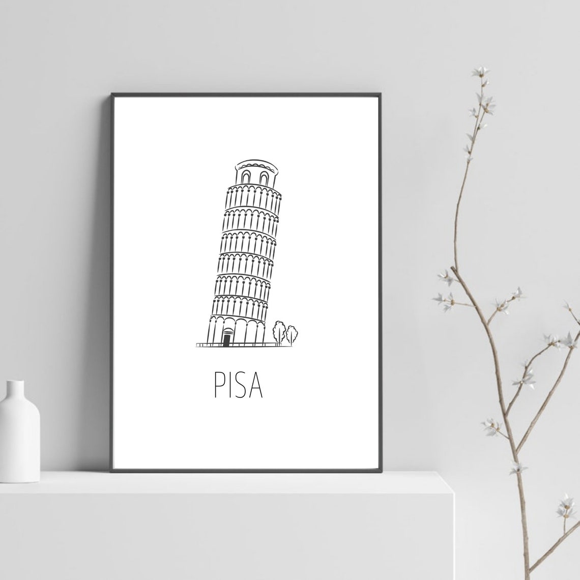 Pisa Leaning Tower Minimalist Line Art Italy Travel Landmark Poster