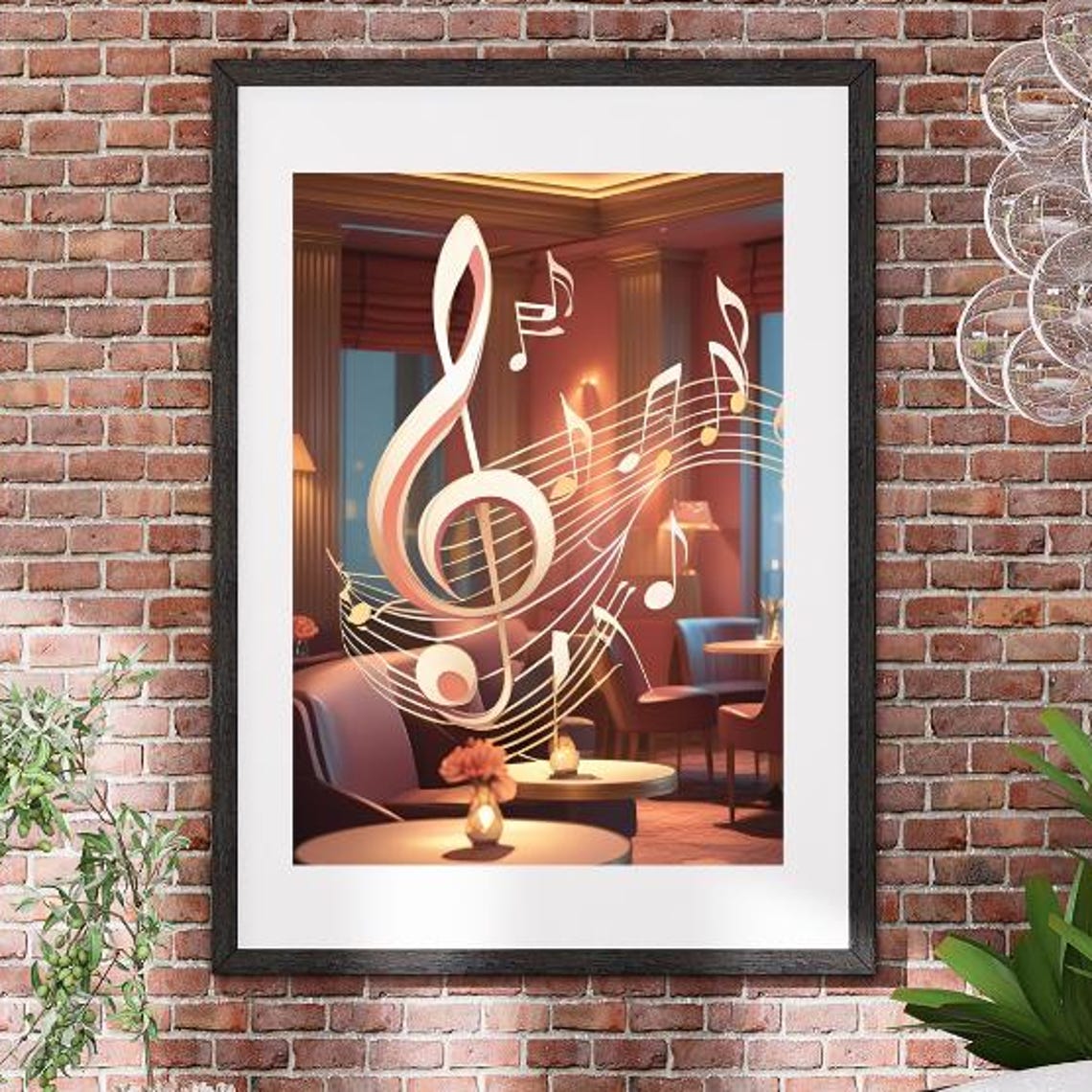 Golden Treble Clef over Cosy Cocktail Bar Lounge Scene Art Poster