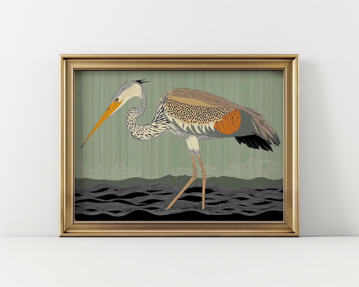 Green Heron Vintage Landscape Art Print, Mid Century
