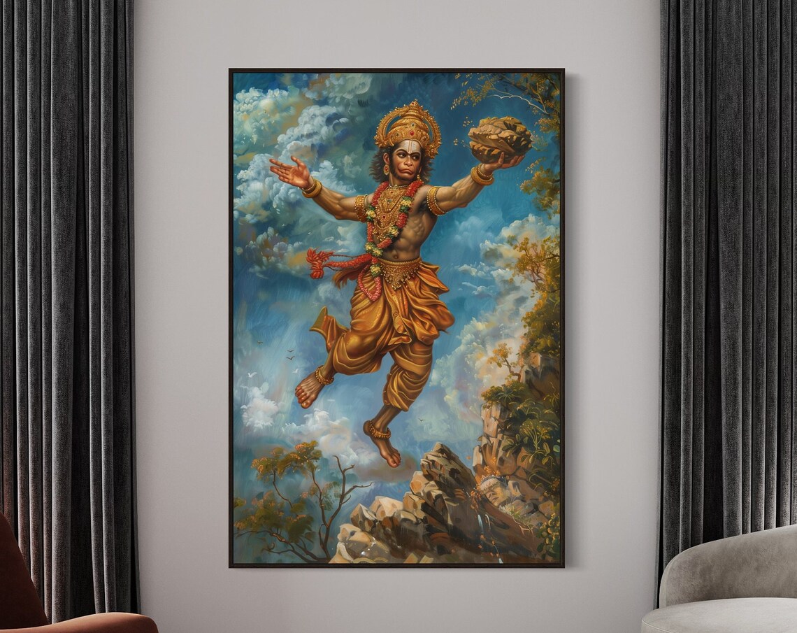 Lord Hanuman Spiritual Art Print, Hindu Wall Decor
