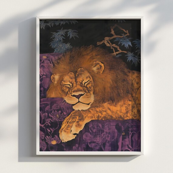 Sleeping Lion Purple Couch Japanese Ink Style Regal Big Cat Wall Art