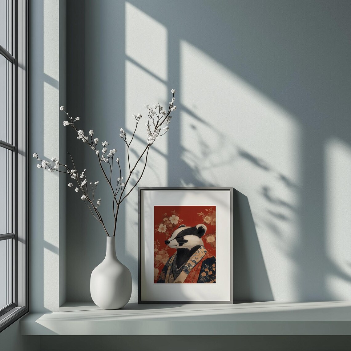 Badger in Kimono Japanese Floral Red Portrait Funny Art Poster - Image 5