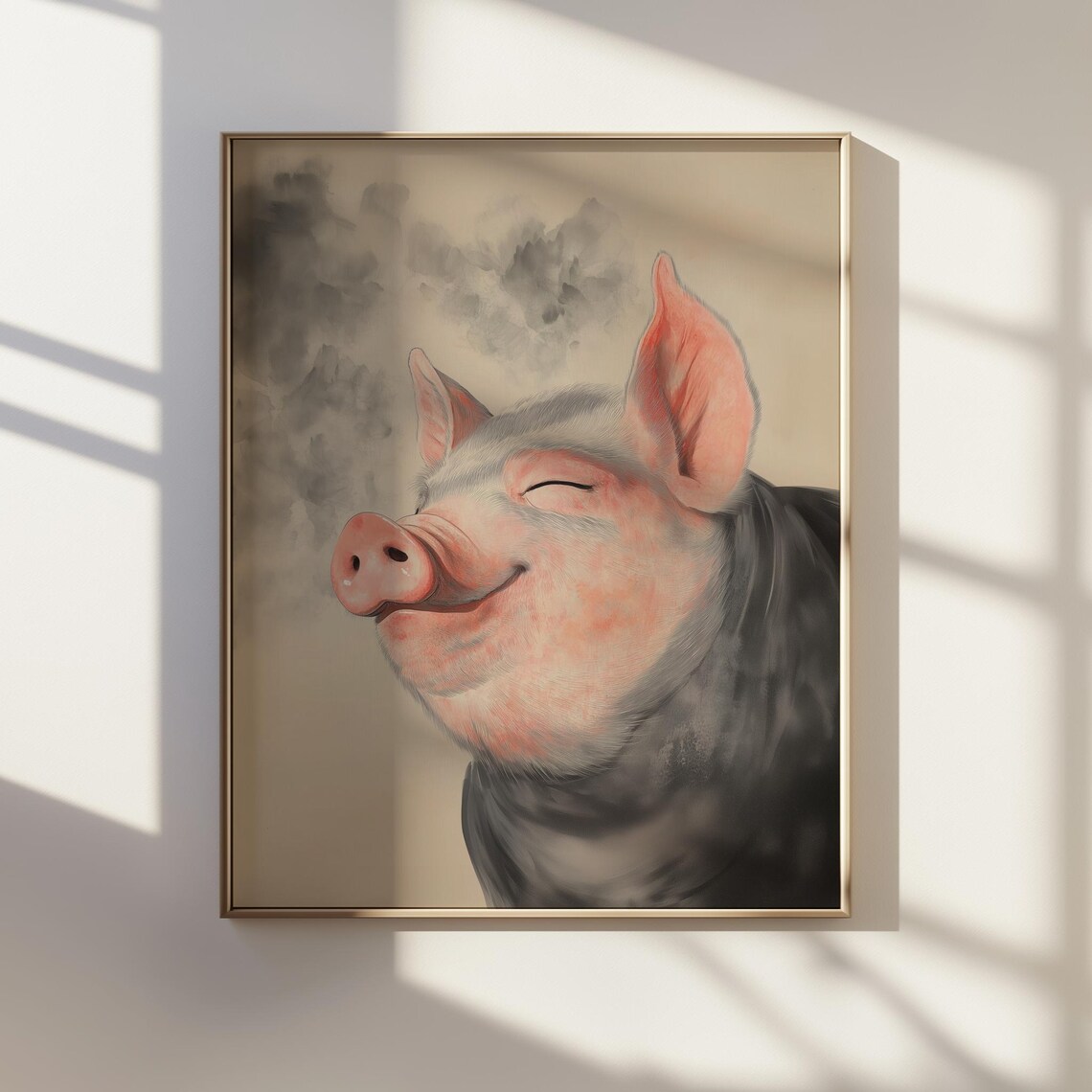 Smiling Pig Portrait Pink Watercolor Happy Farm Animal Poster