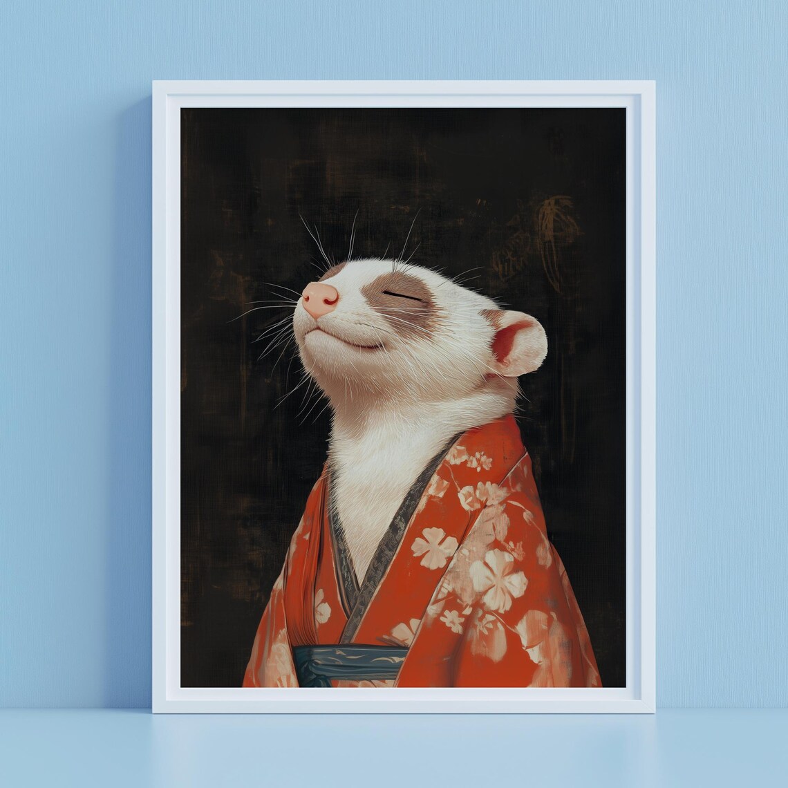 Blissful Ferret in Red Kimono Serene Portrait Dark Floral Art Poster - Image 4