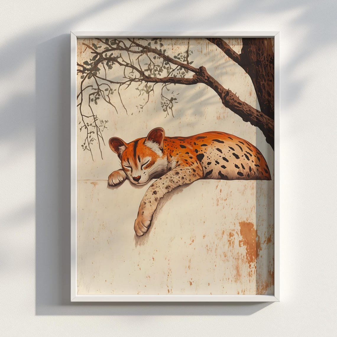 Sleeping Ocelot Lithograph Vintage Style Spotted Wild Cat Art Poster