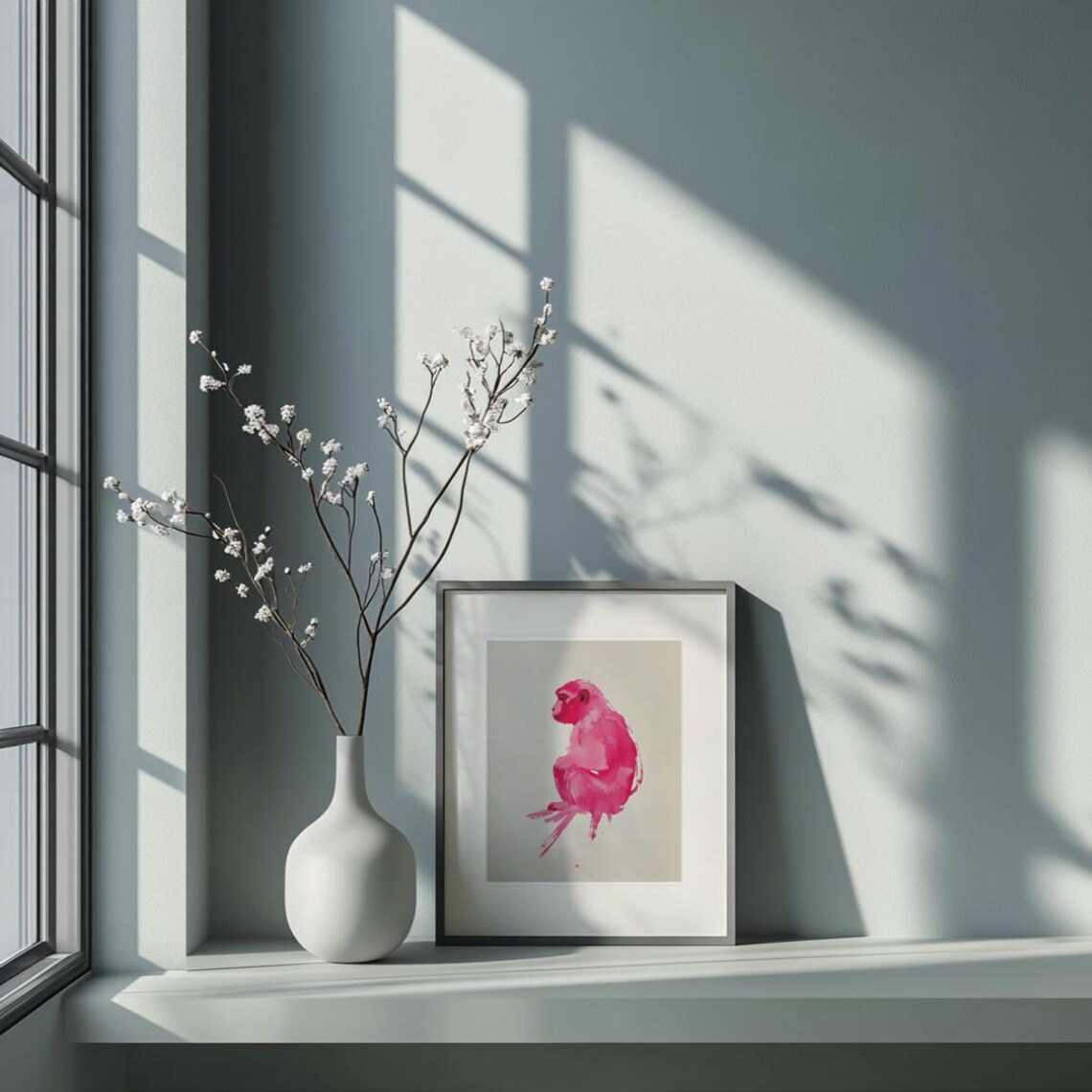 Pink Monkey Japanese Sumi E Ink Watercolor Playful Art Poster - Image 2