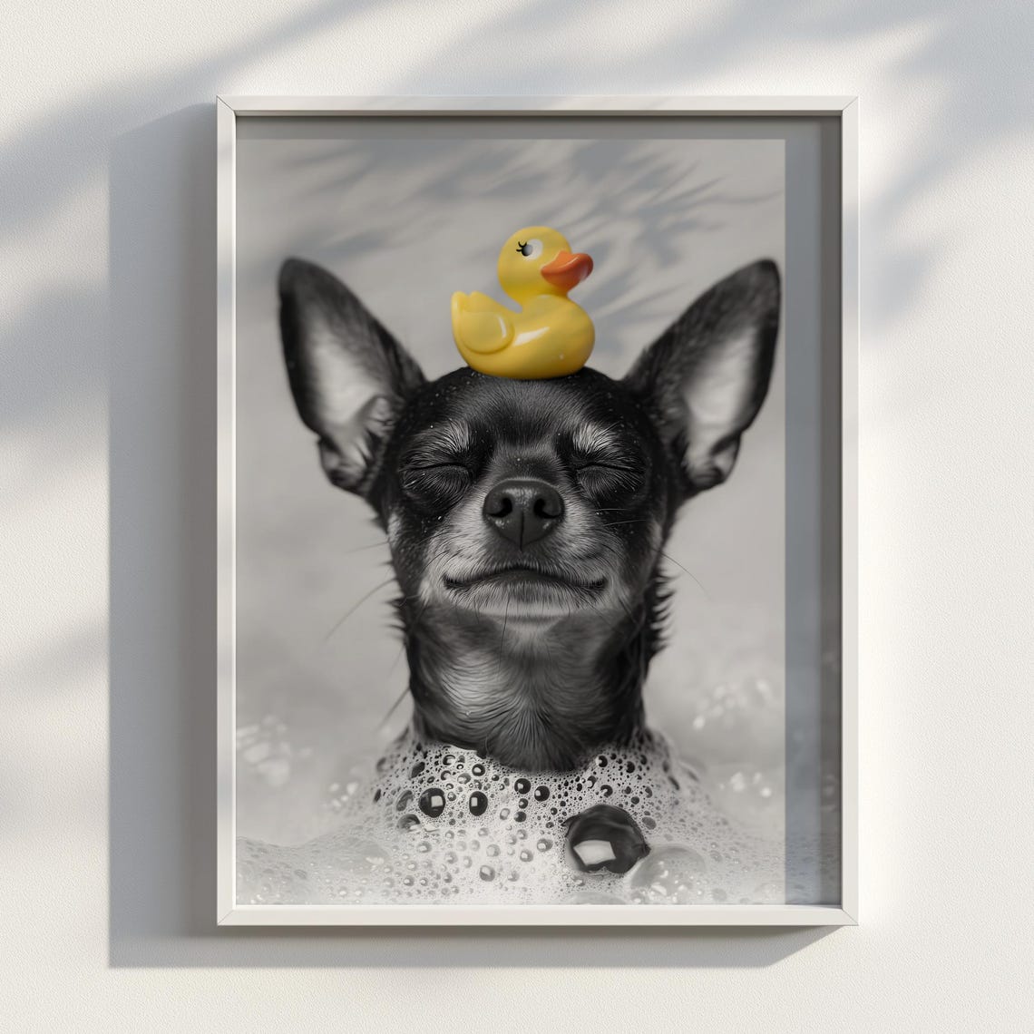 Cute Chihuahua Bubble Bath Yellow Rubber Duck Bathroom Poster
