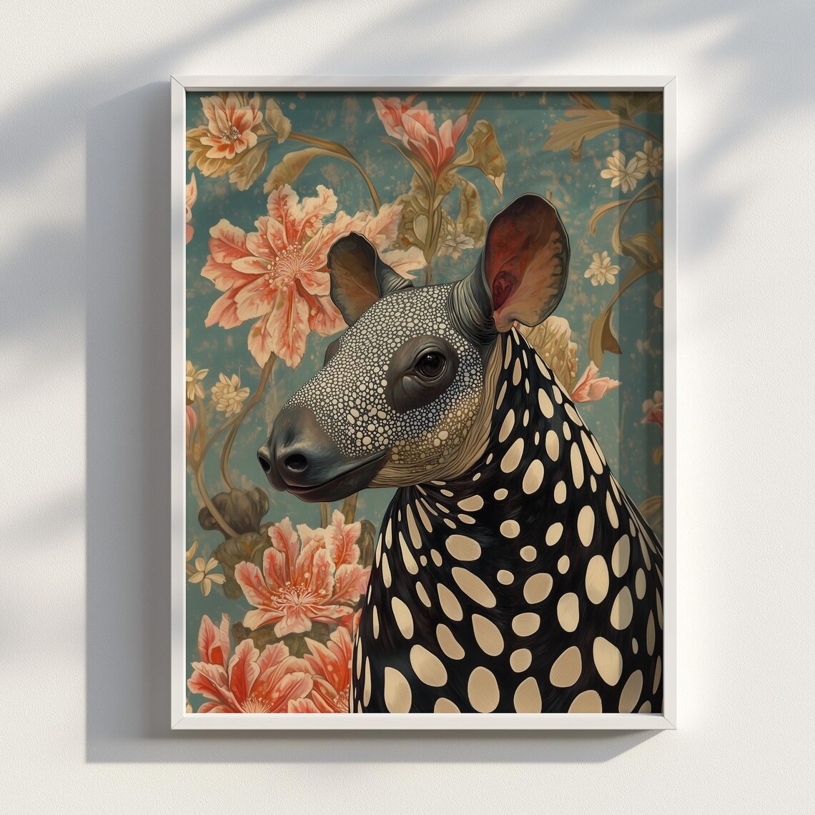 Spotted Tapir Portrait Floral Teal Jungle Flower Animal Art Poster