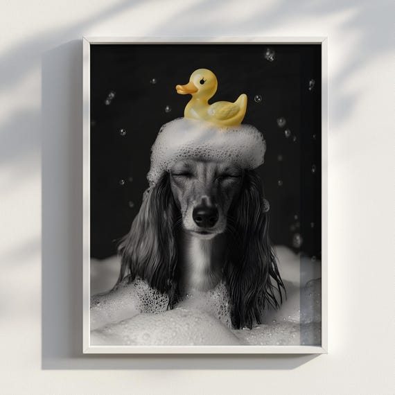 Sudsy Saluki Cute Dog Wall Art Funny Poster Bathroom Bubble Bath Rubber Duck