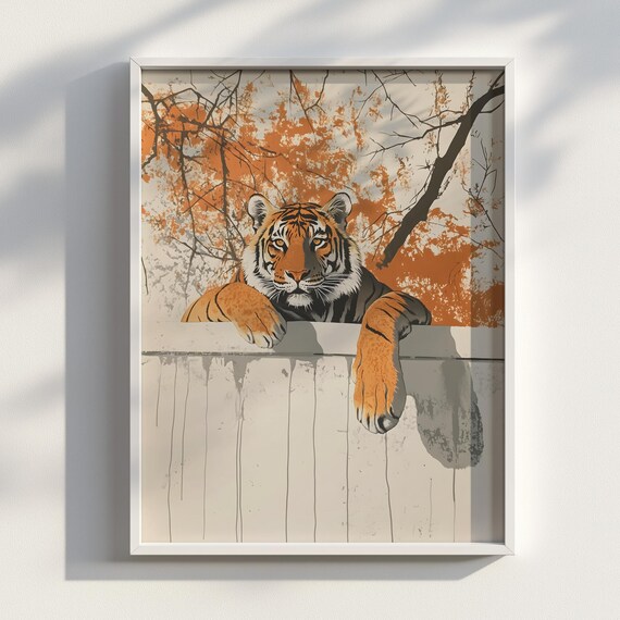 Tiger Peeking Over Fence Autumn Orange Big Cat Wildlife Art Poster