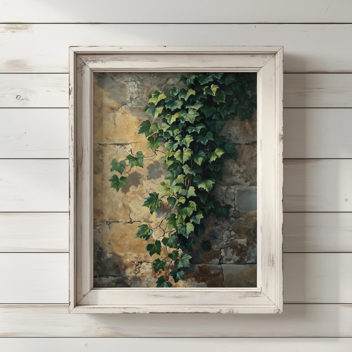 Elegant Ivy Climbing a Stone Wall Botanical Oil Painting Poster