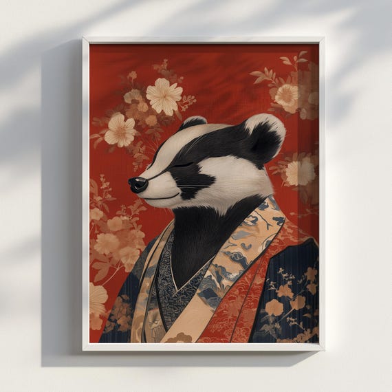 Fashionable Badger Ukiyoe Style Print Japanese Kimono Animal Art Japandi Home Decor Wall Poster Portrait