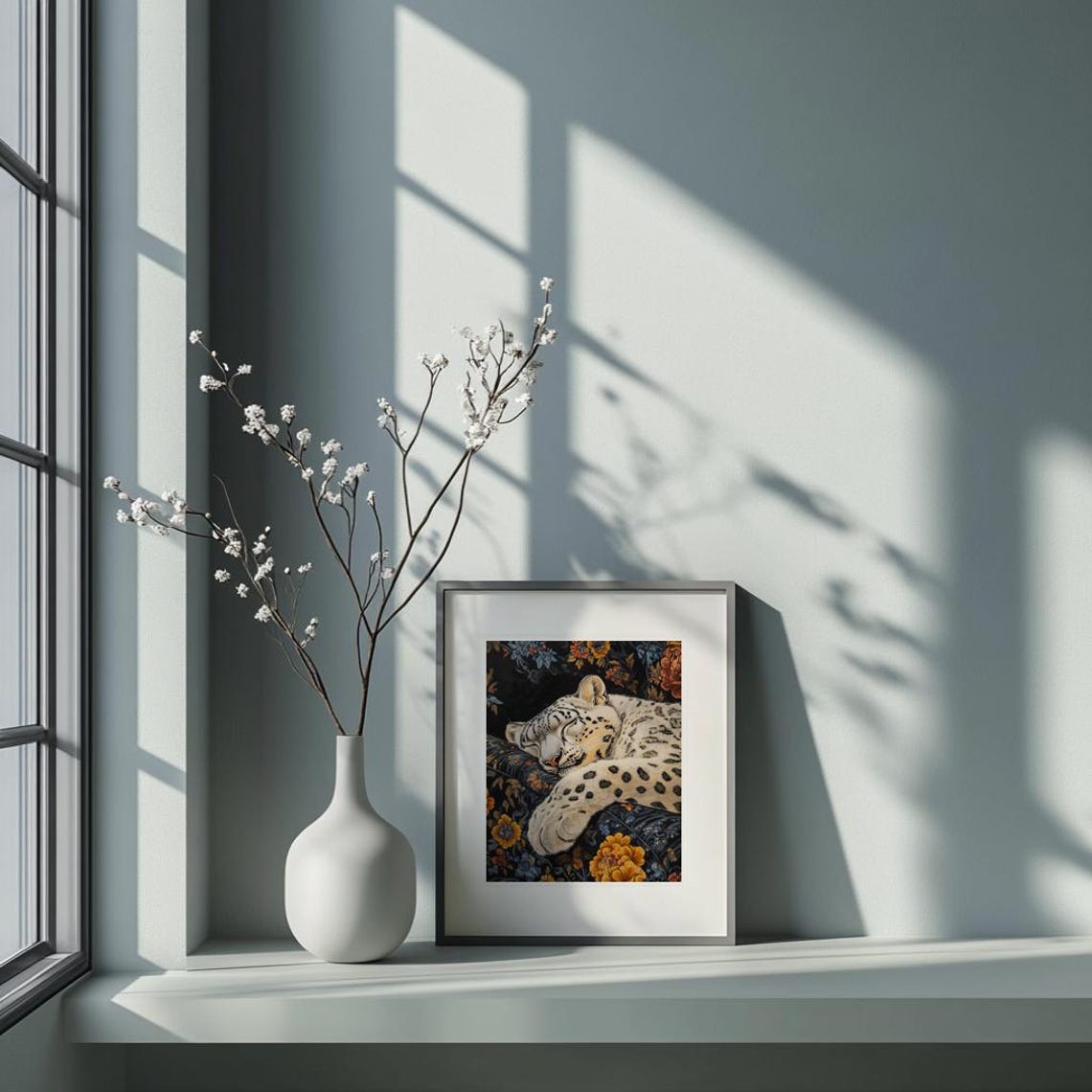 Sleeping Snow Leopard Floral Couch Vintage Animal Art Poster - Image 2