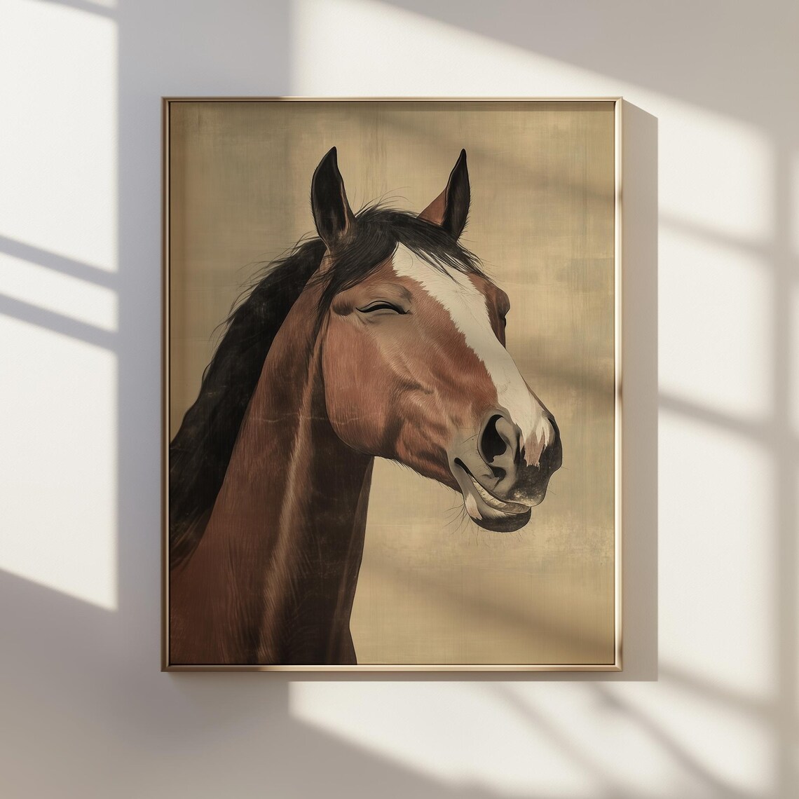 Smiling Horse Portrait Japanese Ink Painting Brown Equine Poster