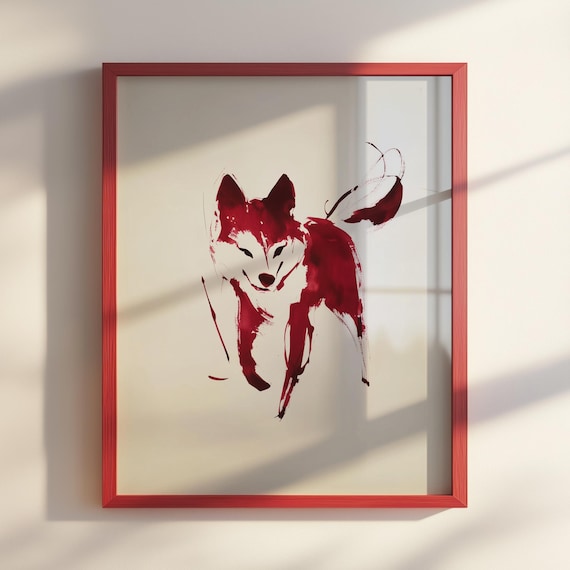 Red Ink Sumie Dog Painting Playful Minimalist Japanese Animal Poster