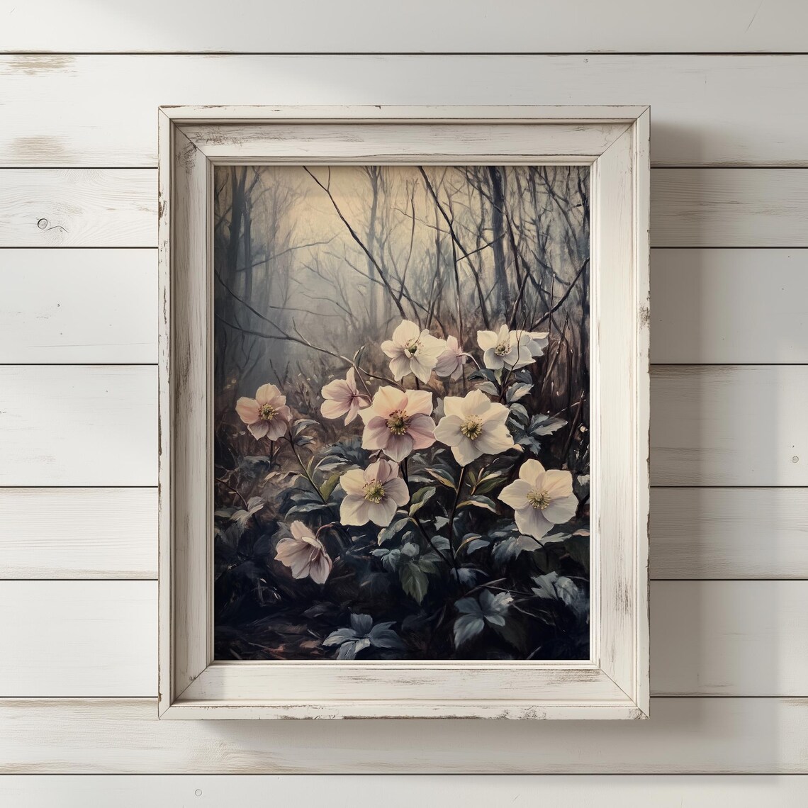 Hellebore Flowers in a Misty Forest Oil Painting Style Poster