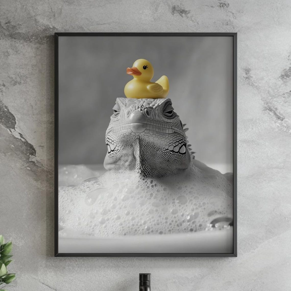 Iguana Bubble Bath With Rubber Duck Black And White Reptile Poster