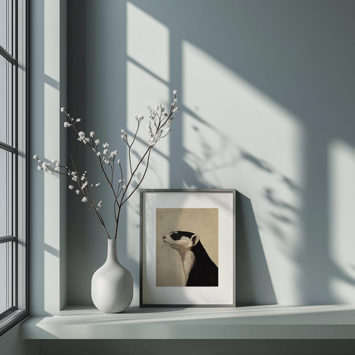 Black and White Ferret Profile Ukiyoe Japanese Ink Art Poster - Image 5