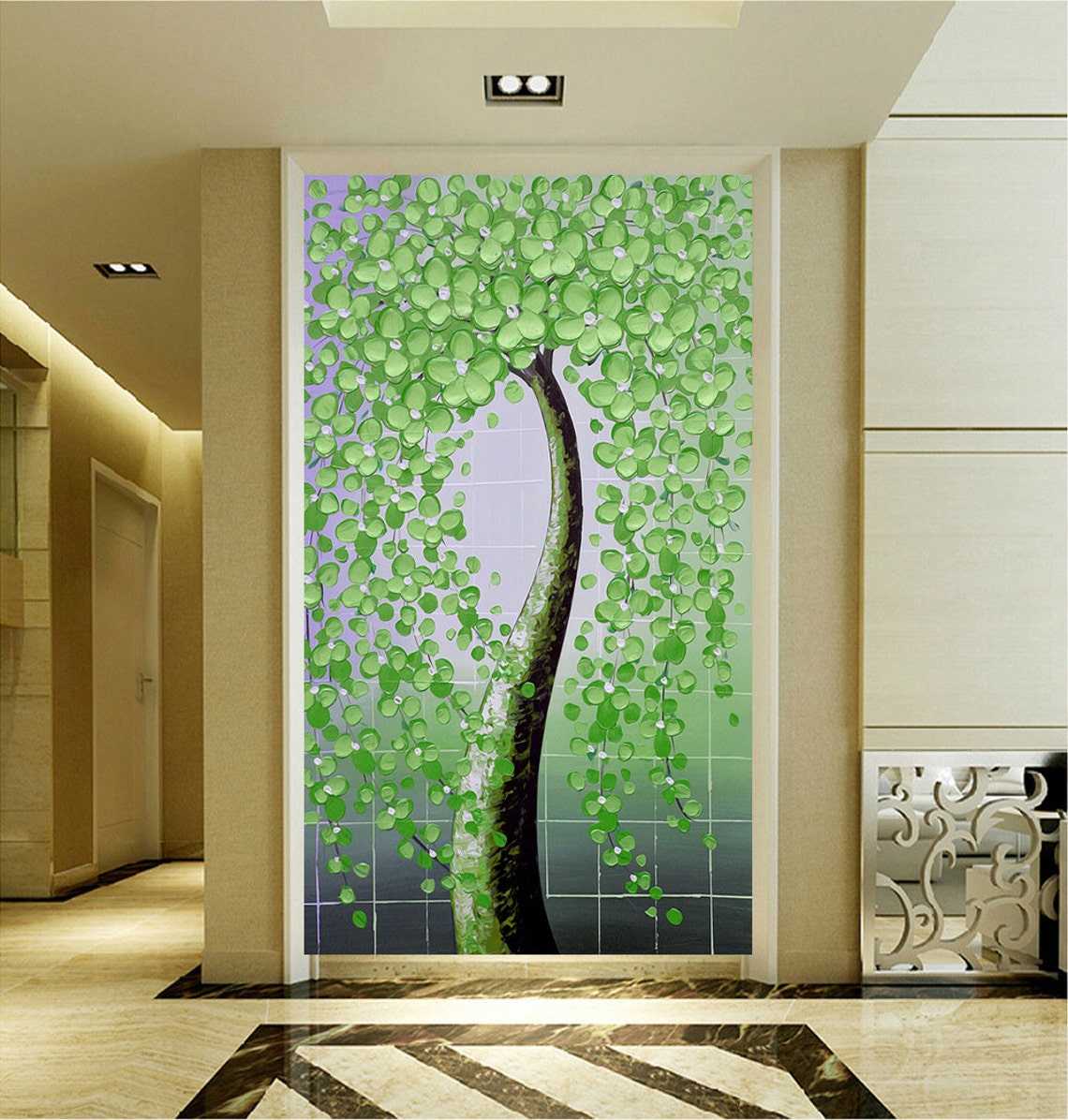 Whimsical Green Leaf Tree Modern Palette Knife Living Room Poster - Image 4