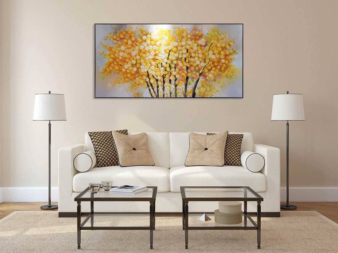 Golden Yellow Blossoming Trees Panoramic Floral Oil Painting Poster - Image 3